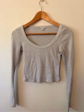 Garage Light Gray Ribbed Scoop Neck Long Sleeve Top